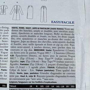 May include: A sewing pattern for a woman's jacket, dress, top, skirt, and trousers. The pattern includes instructions for making the garments in different sizes. The pattern is labelled "Easy/Facile".