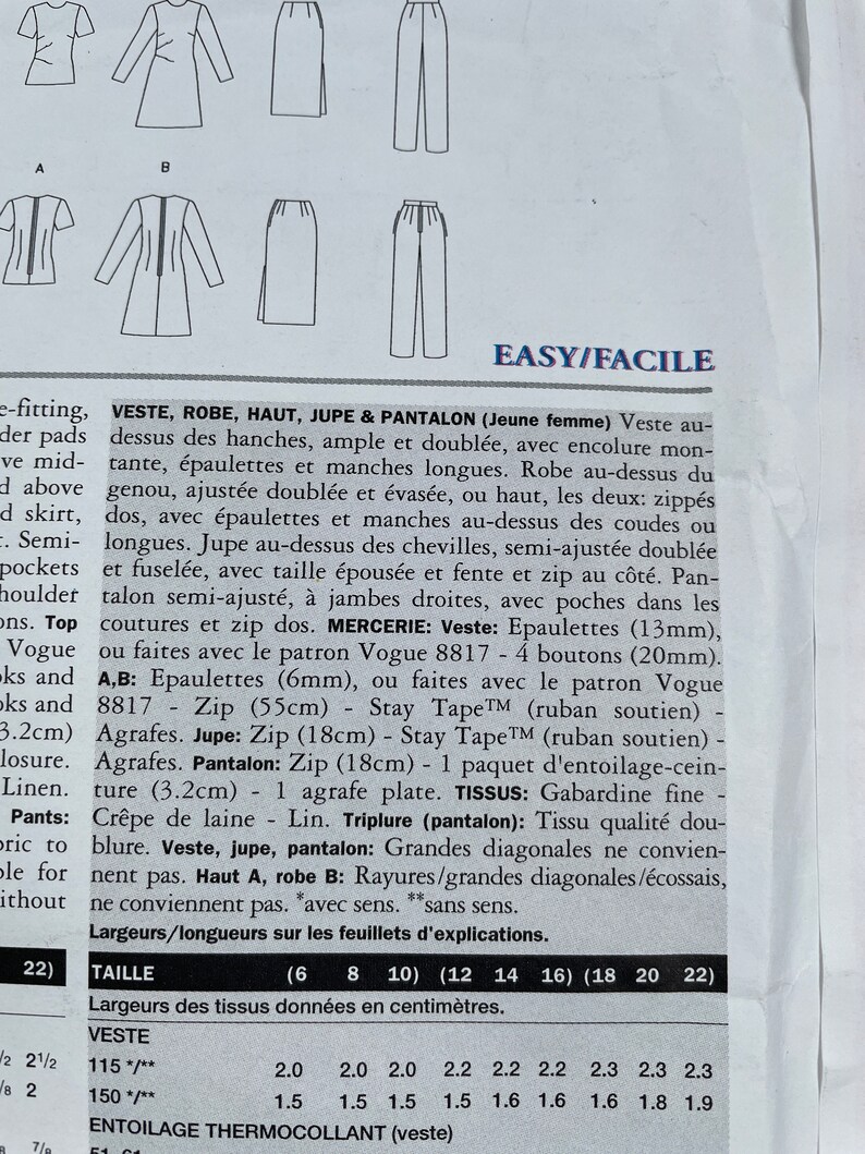 May include: A sewing pattern for a woman's jacket, dress, top, skirt, and trousers. The pattern includes instructions for making the garments in different sizes. The pattern is labelled "Easy/Facile".