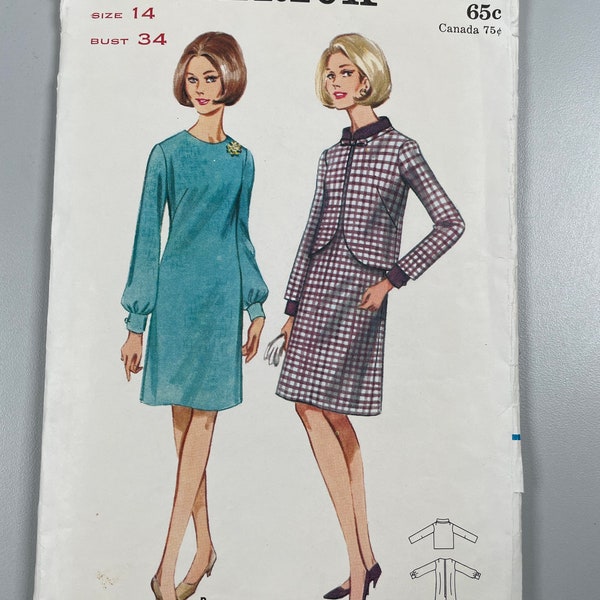 Butterick 4262 Complete 60-70s A-Line dress with wider Jewel Neckline has long sleeves self cuffs. Cut-away Jacket with Bias Banding Size 14