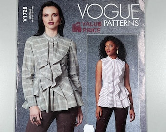 Vogue V1728 FF Uncut Average Sew Misses Tops close fitting peplum with fly front silk taffeta or 8-10-12-14-16 bust 31.5”-38” Sewing Pattern