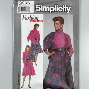 May include: Simplicity pattern 9296, Fashion Values, for a dress with a turtleneck and a skirt. The dress is shown in pink and has a floral print. The pattern includes instructions for making the dress in all sizes.