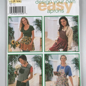 May include: Simplicity pattern 9684 for designing your own easy aprons. The pattern includes four different apron styles, each with a different print and design. The pattern is available in sizes S, M, and L.