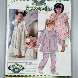 May include: A sewing pattern for Cabbage Patch Kids P'tits Bouts de Choux dolls. The pattern includes instructions for making a nightgown and pajamas. The pattern is for sizes 1-2-3. The pattern is from Butterick.