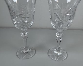 Vintage Pinwheel Cut Crystal Wine Goblets, Set of 2, Bohemian Lead Crystal Stemware