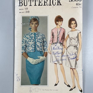 Robe et veste Quick n Easy des années 60 Butterick 3853 FF Taille 18 : buste 38 po. Mancherons, col bateau, jupe légèrement évasée, ceinture avec ceinture