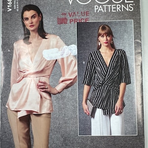 May include: Vogue Patterns sewing pattern for a wrap top with long sleeves. The pattern includes two variations: a pink satin top and a black and white striped top. The pattern is labeled "Value Price" and has the pattern number V1680.