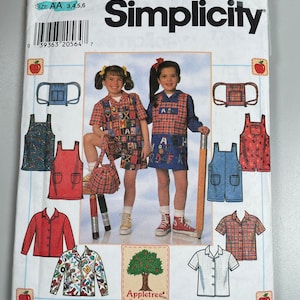 May include: Simplicity sewing pattern number 7734 for sizes AA 3, 4, 5, and 6. The pattern includes instructions for making a shirt, a pair of overalls, and a backpack. The pattern is from Appletree by Fabric Traditions.