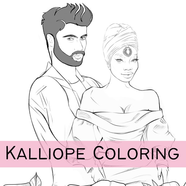 Romantic Couple Coloring Page, Adult Coloring Pages, Couple Coloring Pages, Printable Coloring Page, High Fashion Coloring Pages, Home Decor