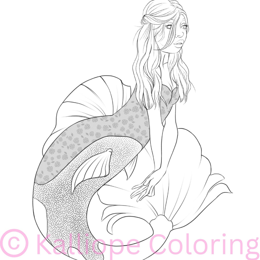 Mermaid Printable Coloring Page, Ocean Fantasy Adult Coloring Pages ...