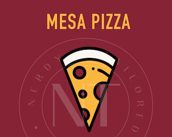 May include: A slice of pizza with yellow cheese, black olives, and a white crust is featured in this image. The text "MESA PIZZA" is displayed in yellow at the top, and "Dinkytown" is written in cursive at the bottom. The background is a dark red.
