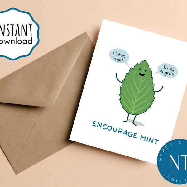 Encourage Mint Printable Greeting Card, Instant Download 7x5 in card for Just Because, Cute Card to Download