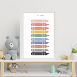 Peut inclure: Une affiche encadrée avec une illustration colorée de crayons de couleur, chacun portant le nom de sa couleur. Les crayons sont disposés verticalement, avec le mot « COULEURS » en haut. La palette de couleurs comprend rose, rouge, orange, jaune, vert, bleu, violet, marron, gris et noir.