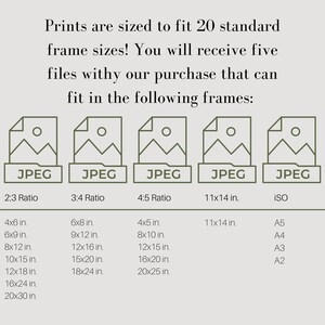 May include: A chart showing 20 standard frame sizes that prints can be sized to fit. The chart is divided into five columns, each representing a different aspect ratio or standard size. The chart includes measurements in inches for each frame size.