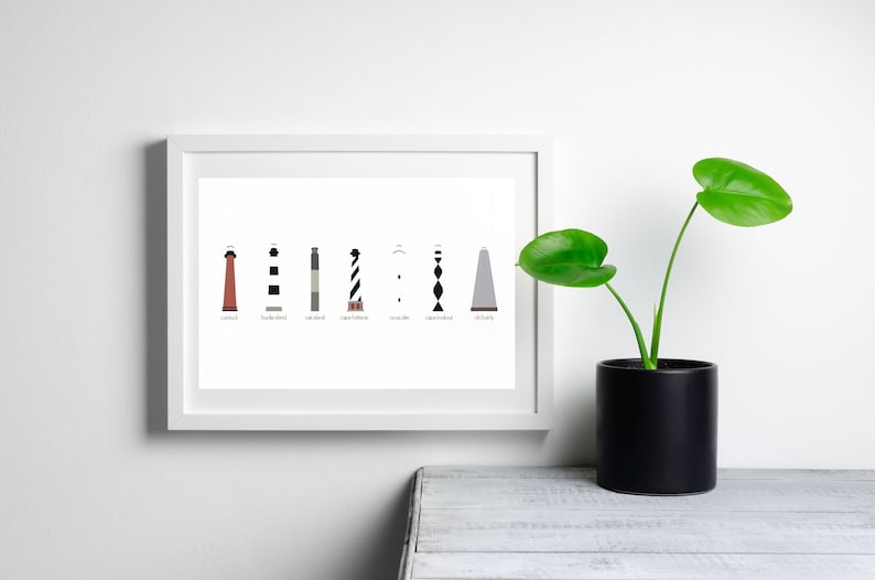 May include: A white framed print with a black and white illustration of seven lighthouses. The lighthouses are labeled with their names: Currituck, Bodie Island, Oak Island, Cape Lookout, Cape Fear,  and  Wilmington.