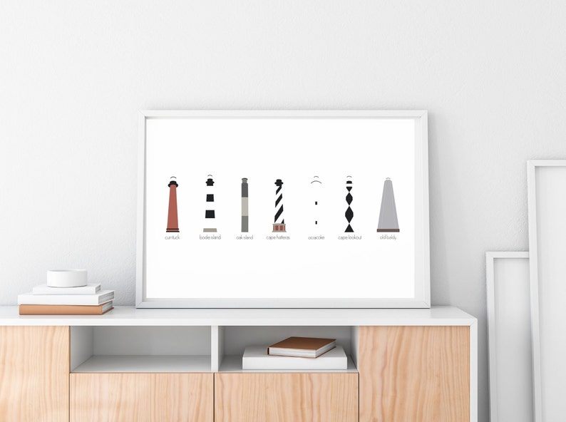 May include: A black and white print of seven lighthouses with their names listed below: Currituck, Bodie Island, Oak Island, Cape Hatteras, Ocracoke, Cape Lookout, and  Okracoke.