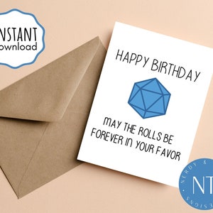 Dnd Happy Birthday, D20 Roll, Dungeons and Dragons Greeting, Printable Greeting Card, Instant Download 7x5, Cute Card to Download