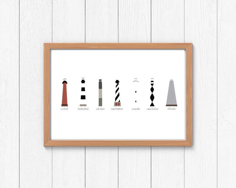 May include: A framed print of eight different lighthouses, each with a unique design and color scheme. The lighthouses are labeled with their names: Currituck, Bodie Island, Oak Island, Cape Hatteras, Ocracoke, Cape Lookout, and Old Windy.