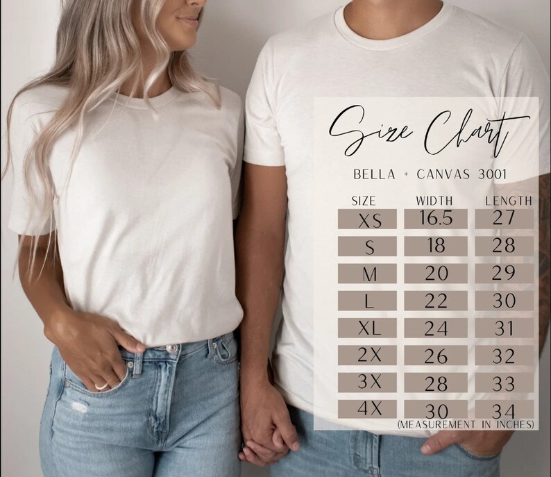 May include: Size chart for Bella + Canvas 3001 t-shirts, showing width and length measurements in inches for sizes XS to 4X.