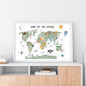 Map of the World with Animals, Playroom Digital Download, Nursery Poster, Cute Aesthetic