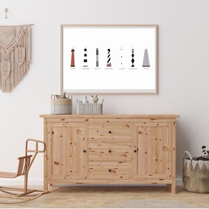 May include: A framed print of a line of lighthouses with their names underneath. The print is hanging on a white wall above a wooden dresser with three drawers. A rocking horse and a woven basket with a stuffed panda bear are in front of the dresser.