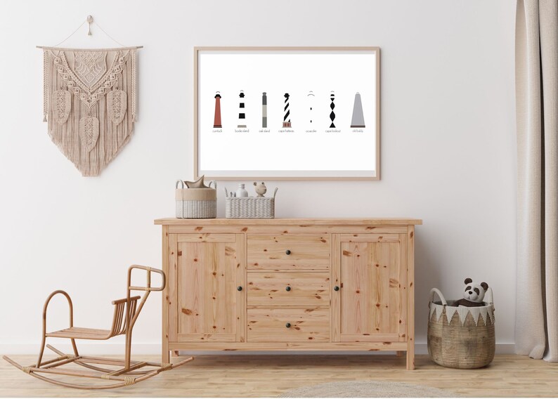 May include: A framed print of a line of lighthouses with their names underneath. The print is hanging on a white wall above a wooden dresser with three drawers. A rocking horse and a woven basket with a stuffed panda bear are in front of the dresser.