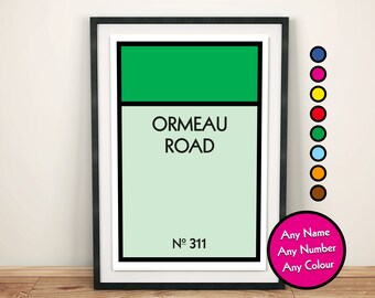 Personalised Monopoly Board Property Wall Art Print, Northern Irish Craic, Housewarming Gift, A3, A4, A5
