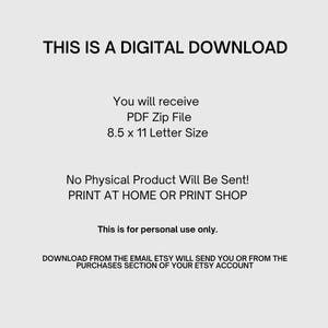 Pode incluir: An&uacute;ncio de download digital em um fundo claro. O texto inclui "THIS IS A DIGITAL DOWNLOAD", "You will receive PDF Zip File 8.5 x 11 Letter Size", e "No Physical Product Will Be Sent! PRINT AT HOME OR PRINT SHOP".