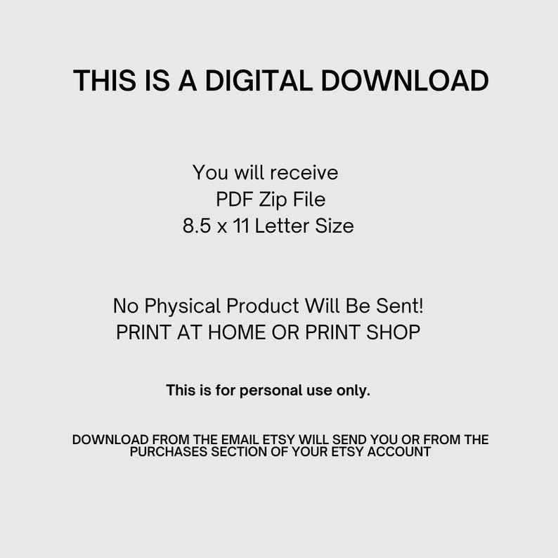 Pode incluir: An&uacute;ncio de download digital em um fundo claro. O texto inclui "THIS IS A DIGITAL DOWNLOAD", "You will receive PDF Zip File 8.5 x 11 Letter Size", e "No Physical Product Will Be Sent! PRINT AT HOME OR PRINT SHOP".
