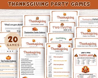 May include: A set of 20 printable Thanksgiving party games. The games include categories, two truths and a lie, trivia, guess the price, candy dice, finish the phrase, what is your turkey name, and fowl play fact or fiction.