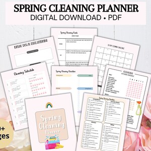 Planejador de limpeza de primavera - Planejador de organização - Listas de verificação de limpeza em PDF para impressão, desafios, gráficos de tarefas, registro de manutenção doméstica