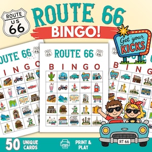May include: A Route 66 Bingo game with 50 unique cards. The design features a vintage Route 66 theme with illustrations of classic cars, diners, and landmarks. The words "Route 66 Bingo!" are displayed prominently in turquoise and red.