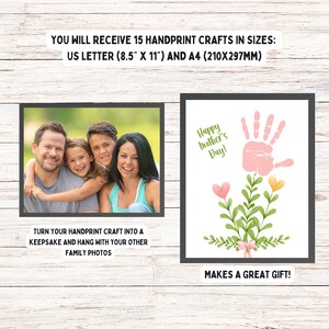 May include: A digital print featuring a family photo and a handprint craft for Mother's Day. The handprint art includes a pink handprint, hearts, and the text "Happy Mother's Day!". The print is available in US Letter (8.5" x 11") and A4 (210x297mm) sizes.
