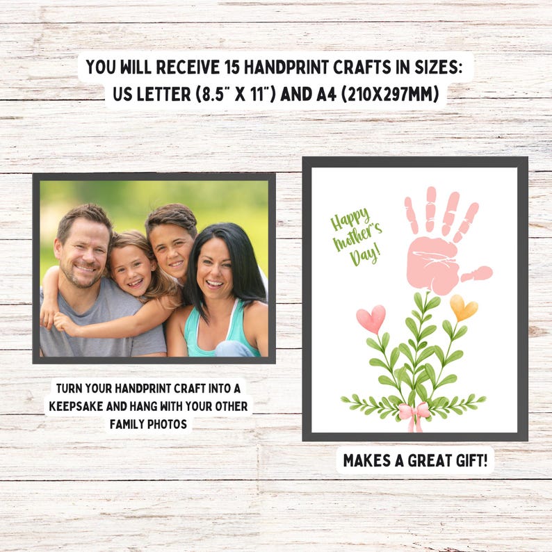 May include: A digital print featuring a family photo and a handprint craft for Mother's Day. The handprint art includes a pink handprint, hearts, and the text "Happy Mother's Day!". The print is available in US Letter (8.5" x 11") and A4 (210x297mm) sizes.