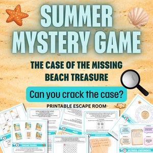 Puede incluir: Imagen promocional para un juego de misterio de verano. El título dice "Summer Mystery Game" con el subtítulo "The Case of the Missing Beach Treasure". Incluye una lupa, una estrella de mar y una concha. También está presente el texto "Can you crack the case?"