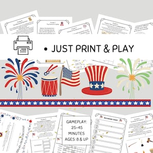 Pode incluir: Jogo patri&oacute;tico imprim&iacute;vel com quebra-cabe&ccedil;as, fogos de artif&iacute;cio, um tambor, uma bandeira americana e uma cartola. O texto diz "JUST PRINT & PLAY" e "GAMEPLAY: 25-45 MINUTOS IDADES: 8 & UP".