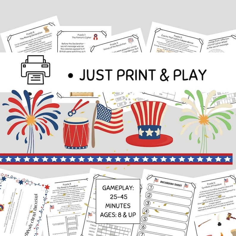 Pode incluir: Jogo patri&oacute;tico imprim&iacute;vel com quebra-cabe&ccedil;as, fogos de artif&iacute;cio, um tambor, uma bandeira americana e uma cartola. O texto diz "JUST PRINT & PLAY" e "GAMEPLAY: 25-45 MINUTOS IDADES: 8 & UP".
