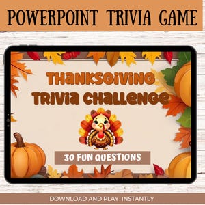 Könnte beinhalten: Ein digitaler Tablet-Bildschirm zeigt ein Thanksgiving-Quizspiel mit einem Cartoon-Truthahn und dem Text "Thanksgiving Trivia Challenge" und "30 Fun Questions".
