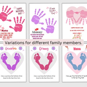 May include: A collection of Mother's Day cards with handprints and footprints in various colors. Each card features a heart shape and text such as "Happy Mother's Day!" and "I love you from the bottom of my heart."