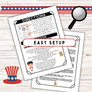 Pode incluir: Um jogo educativo com tema patri&oacute;tico com instru&ccedil;&otilde;es e quebra-cabe&ccedil;as. A imagem apresenta um esquema de cores vermelho, branco e azul, incluindo um chap&eacute;u alto, uma lupa e o texto "EASY SETUP". O jogo enfoca a Declara&ccedil;&atilde;o de Independ&ecirc;ncia.