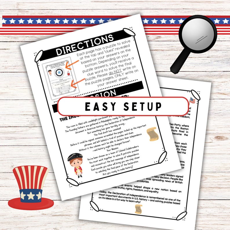 Pode incluir: Um jogo educativo com tema patri&oacute;tico com instru&ccedil;&otilde;es e quebra-cabe&ccedil;as. A imagem apresenta um esquema de cores vermelho, branco e azul, incluindo um chap&eacute;u alto, uma lupa e o texto "EASY SETUP". O jogo enfoca a Declara&ccedil;&atilde;o de Independ&ecirc;ncia.
