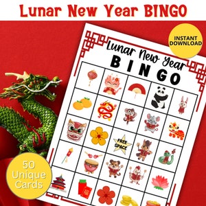 Jeu de BINGO du Nouvel An lunaire pour enfants et adultes, activité familiale, jeu de classe pour les fêtes, soirée jeux en famille, jeu du nouvel an chinois