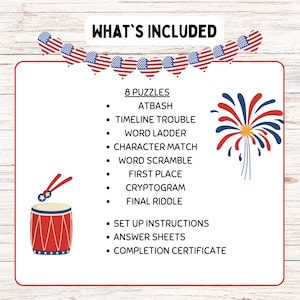 Pode incluir: Uma imagem com o texto "WHAT'S INCLUDED" listando 8 quebra-cabe&ccedil;as, incluindo ATBASH, Timeline Trouble e Word Ladder. A imagem tamb&eacute;m inclui instru&ccedil;&otilde;es de configura&ccedil;&atilde;o, folhas de resposta e um certificado de conclus&atilde;o. O design apresenta bandeiras em forma de cora&ccedil;&atilde;o e um tambor, tudo em cores patri&oacute;ticas.