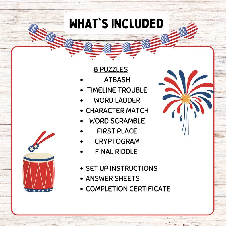 Pode incluir: Uma imagem com o texto "WHAT'S INCLUDED" listando 8 quebra-cabe&ccedil;as, incluindo ATBASH, Timeline Trouble e Word Ladder. A imagem tamb&eacute;m inclui instru&ccedil;&otilde;es de configura&ccedil;&atilde;o, folhas de resposta e um certificado de conclus&atilde;o. O design apresenta bandeiras em forma de cora&ccedil;&atilde;o e um tambor, tudo em cores patri&oacute;ticas.
