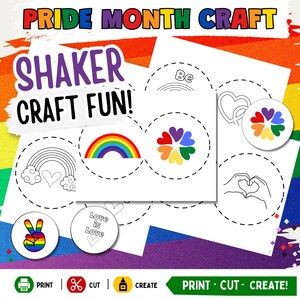 Könnte beinhalten: Ein Pride Month Bastelset mit dem Text "Pride Month Craft" und "Shaker Craft Fun!" enthält druckbare Designs von Regenbogen, Herzen und Friedenszeichen. Das Set enthält auch die Anweisungen "Print - Cut - Create!"