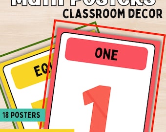 Op de afbeelding: Wiskundeposters voor klaslokaaldecoratie. De afbeelding toont een poster met het nummer één in rood, met het woord "ONE" erboven. De poster heeft een witte achtergrond. Andere posters zijn zichtbaar met de woorden "EQ", "18 POSTERS" en "INSTANT DOWNLOAD".