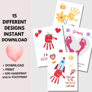 May include: A collection of printable art featuring handprints and footprints, with designs including a strawberry, rocket, and sun. Text includes "15 DIFFERENT DESIGNS INSTANT DOWNLOAD" and "I love you to the MOON and back."