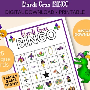 Mardi Gras BINGO Game for Kids and Adults, Family Activity, Holiday Classroom Game, Family Game Night