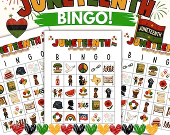 May include: Juneteenth Bingo cards with colorful illustrations and the text "Juneteenth Bingo!" The cards feature images of historical and cultural significance, including a flag, cake, and the text "Freedom Day."