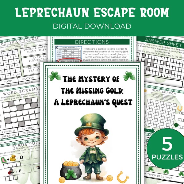 St. Patrick’s Day Escape Room for kids. Printable Party Game, Leprechaun Theme, Family Game Night Activity