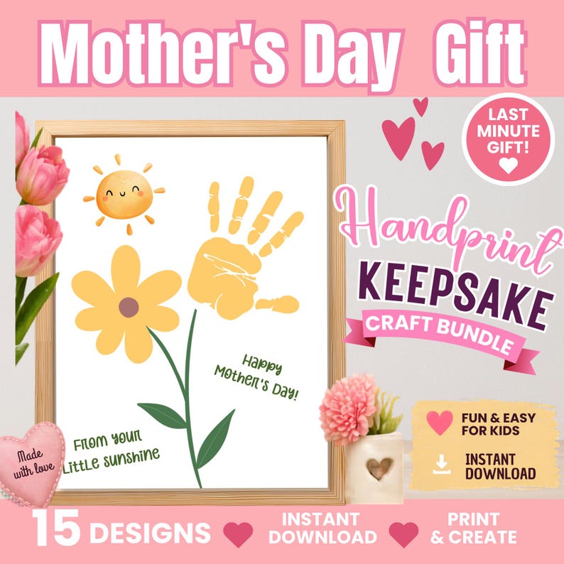 May include: A framed Mother's Day handprint keepsake craft bundle. The artwork includes a yellow handprint, a smiling sun, and a yellow flower. Text includes "Mother's Day Gift", "Handprint Keepsake Craft Bundle", and "From your Little sunshine".